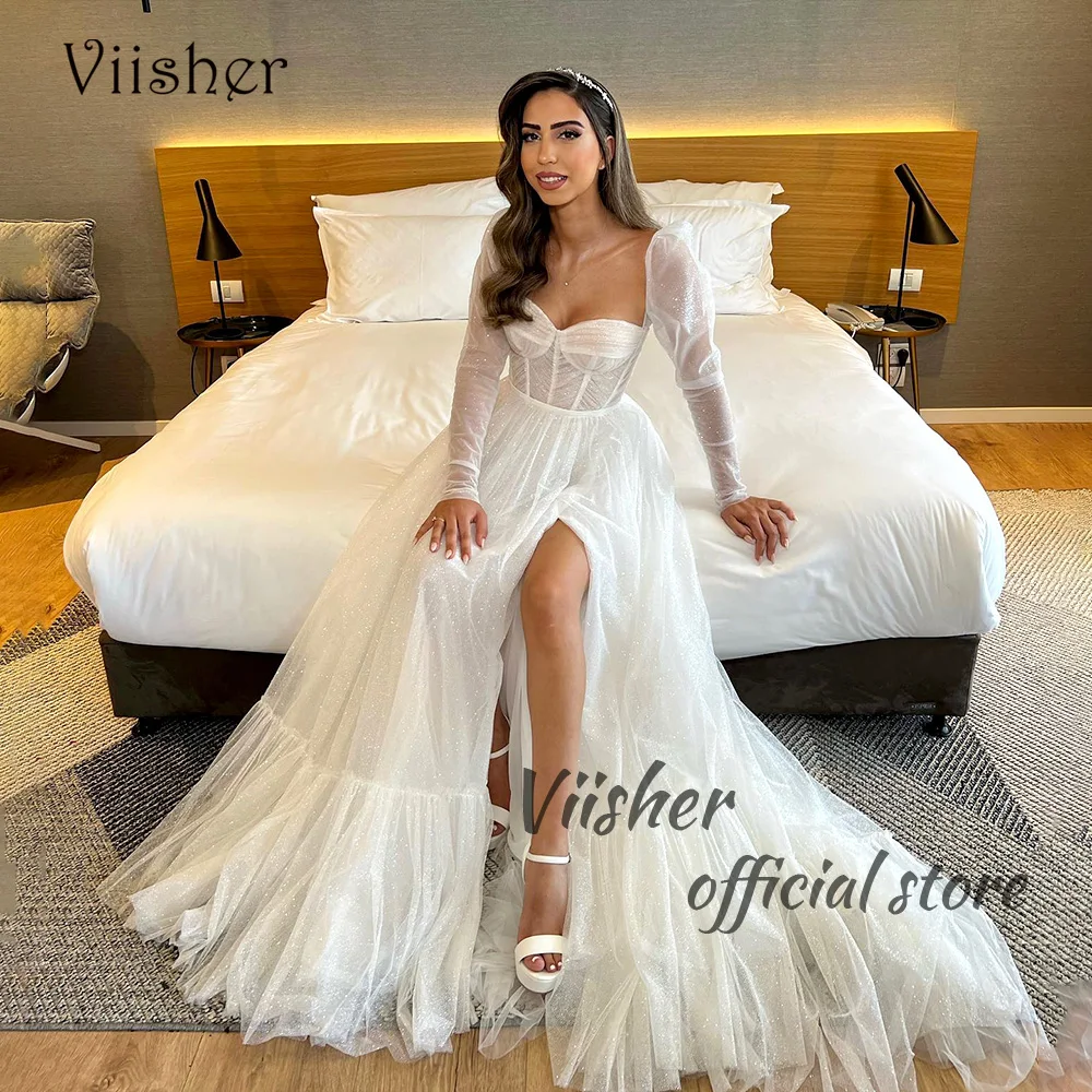 Viisher Sequins Tulle A Line Wedding Dresses Side Split Long Sleeve Beach Bride Dress Sweetheart Boho Wedding Bridal Gowns