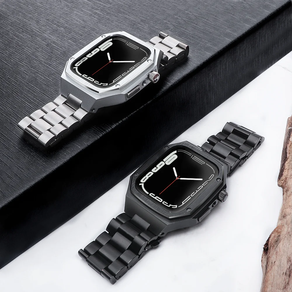 Newest Stainless Steel Watch Case Luxury 40 41 44 45mm Case Cover For Apple watch4 5 6 7 SE Match Metal Three Beads Band Strap