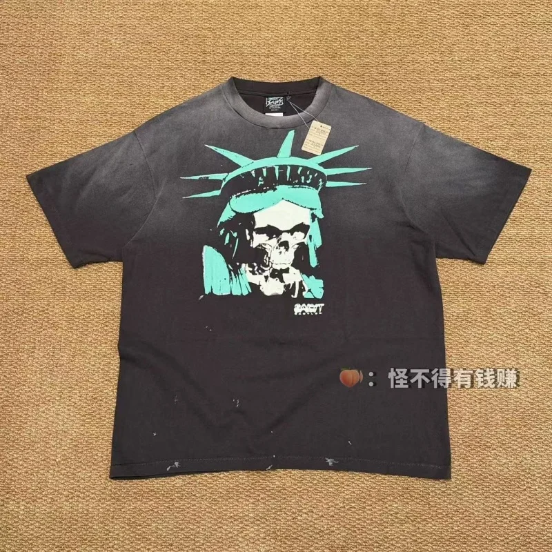 Authentic SAINT Skeleton Statue of Liberty 666 Tee Black Distressed Round Neck Cotton Premium