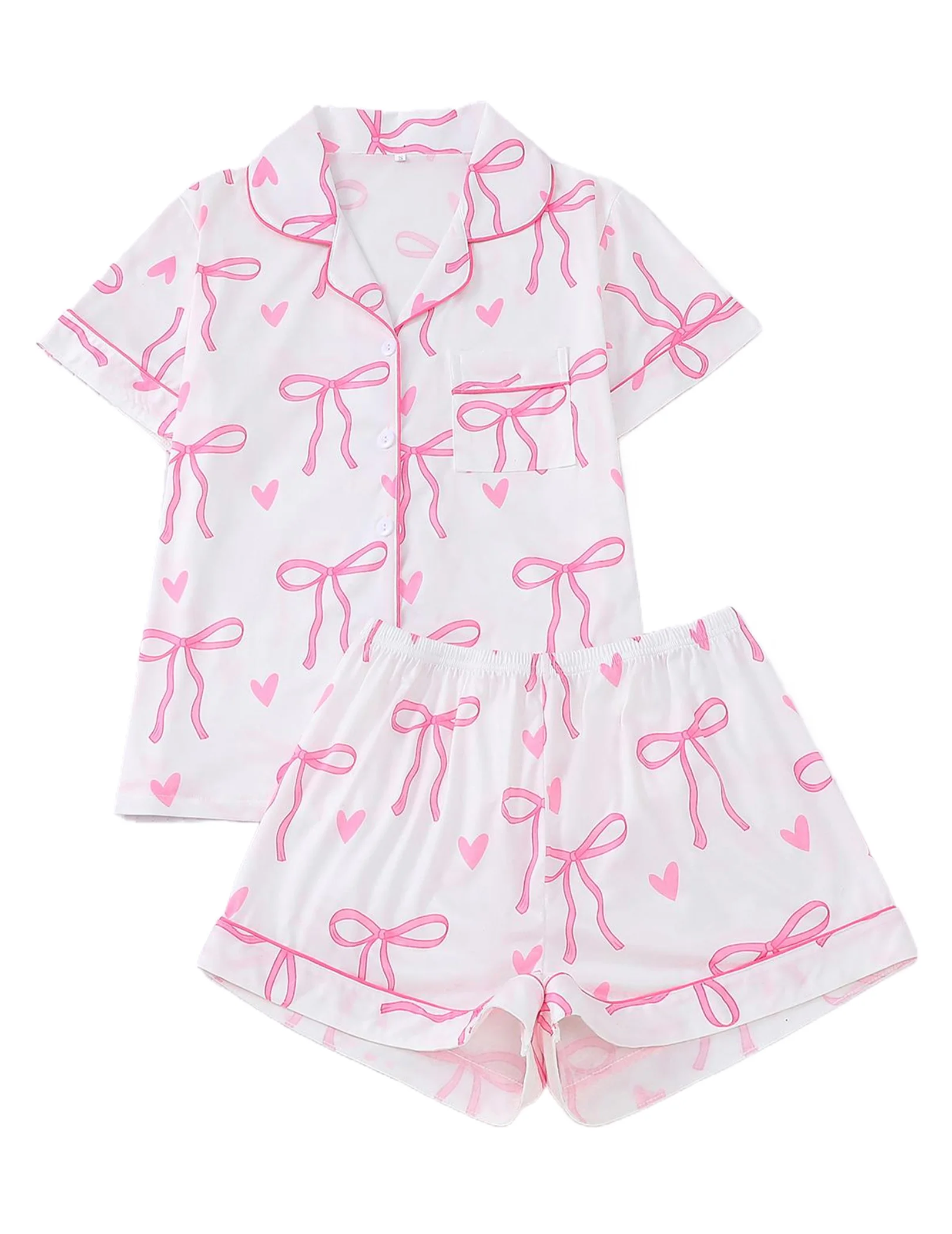 

Women Bow Print Pjs Set Shirt Button Down Short Sleeve Shirt Shorts 2 Piece Pajama Set Sleepwear Sets