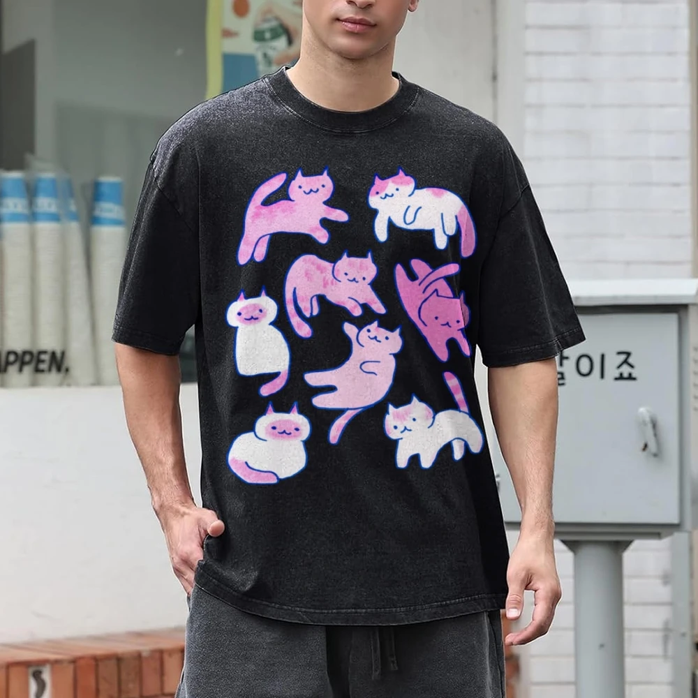 Cute Cat Printed Graphic T-Shirt Women's Y2k Style Trendy Cotton High-Quality Top Short-Sleeved Crew Neck Casual Fitness Tee