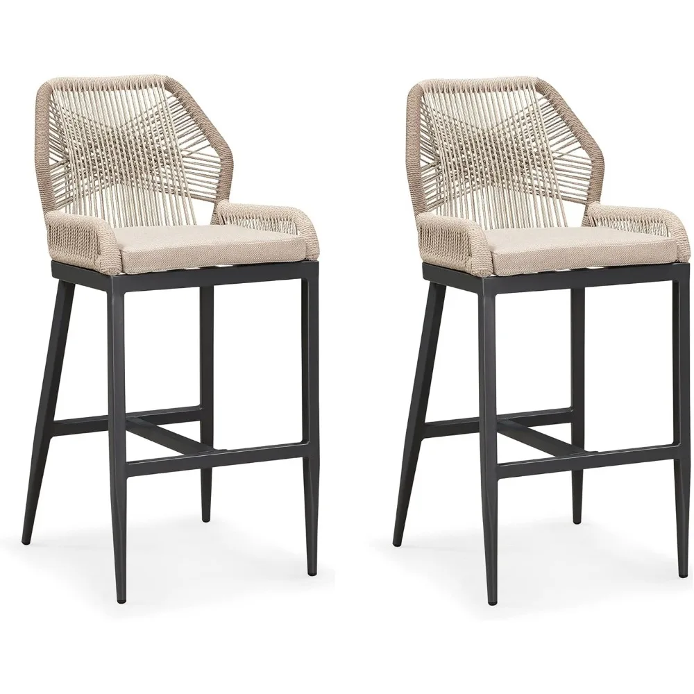 

Bar Stools Set of 2 Outdoor Bar Height Metal Stools Modern Wicker Rattan Barstools with Back Aluminum Outside Garden Patio