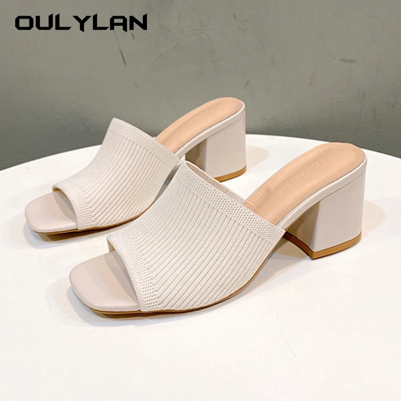 Women Slippers 2024 New Summer Triangle Thick Heel Sexy Square Toe Dress Party Shoes High Heels Knitting Casual Pumps Size 35-42