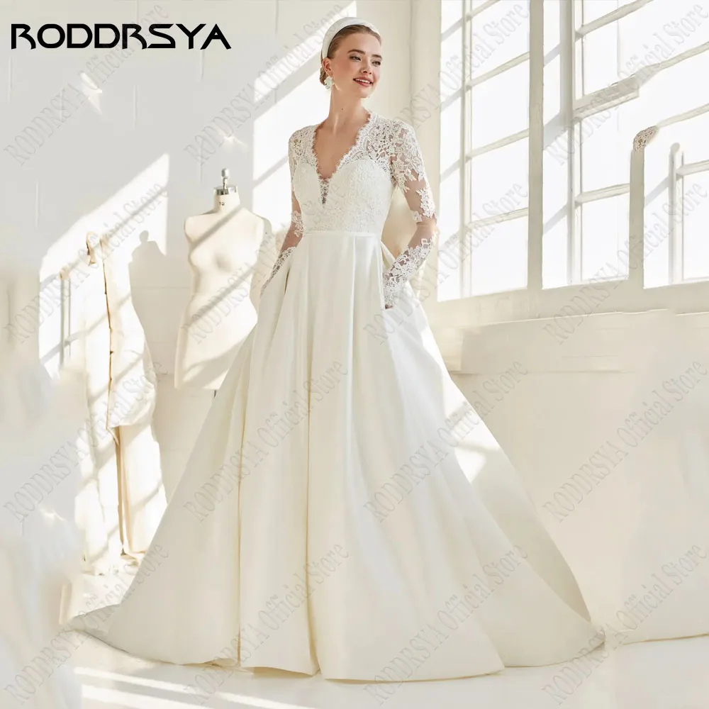 RODDRSYA Vintage Cetim Vestidos De Noiva 2024 Deep V-Neck Applique A-Line Vestidos De Noiva Mangas Compridas Lace Vestidos Novias BodaRODRSYA Vintage Cetim Vestidos de Noiva 2024 Deep V-Neck Applique A linha de vestido