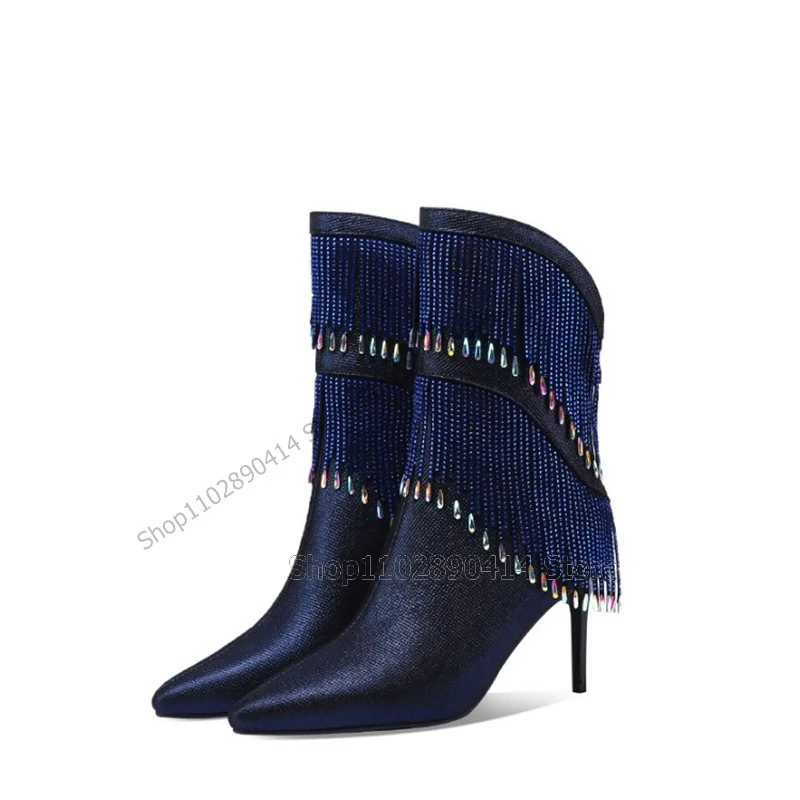 Cordão azul de miçangas borlas decoração botas de dedo apontado para mulheres, zíper traseiro, salto alto fino, moda, 2023