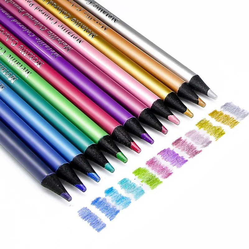 12 PCs Metallic Colored Pencils. Black Wood 12 Color Drawing Pencil Family Painting. Coloring, Sketching, DIY Art Supplies