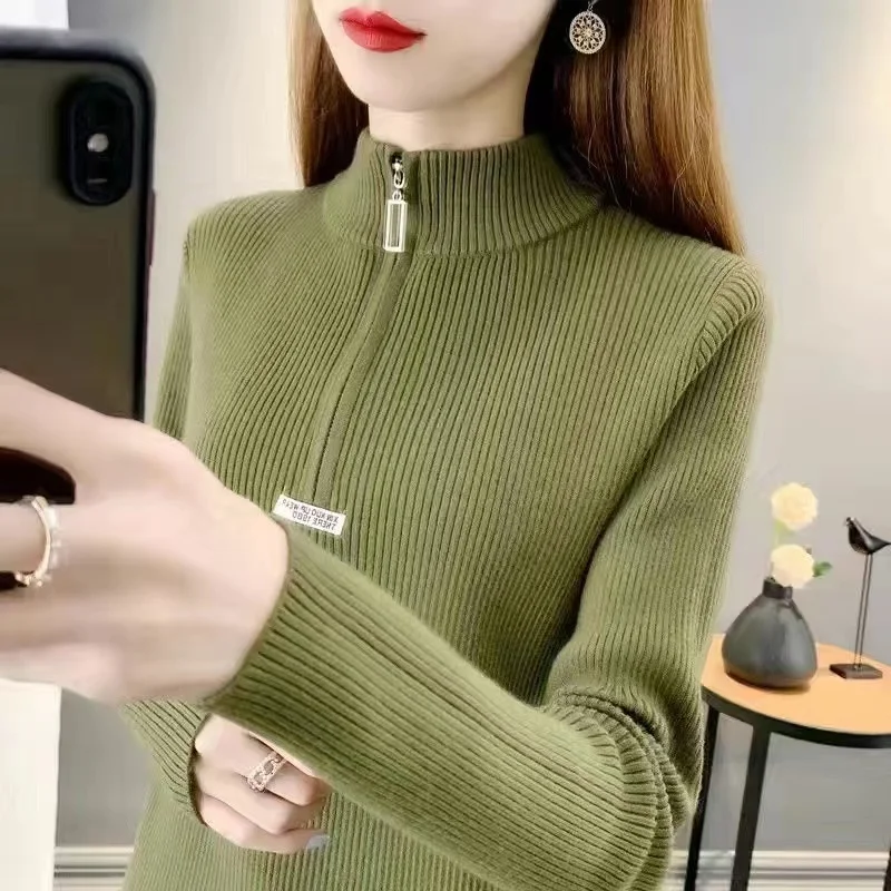 4XL Women's Sweater Autumn And Winter Half High Neck Zippered Pullover  Women's Long Sleeved Slim Fit Wool Sweater Elastic Knit