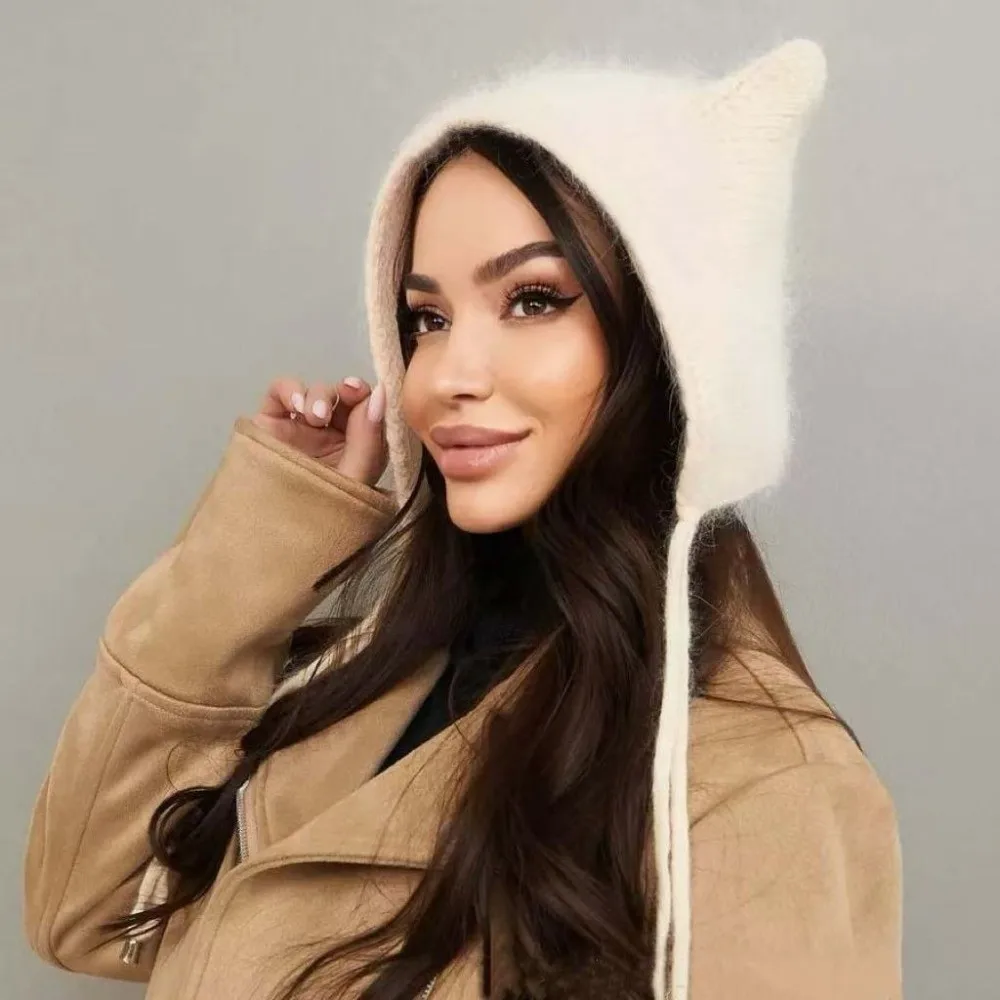 Cute Laced Up Cat Ear Beanie Soft Foldable Knit Winter Hat Winter Warm Solid Color Fluffy Hat For Women