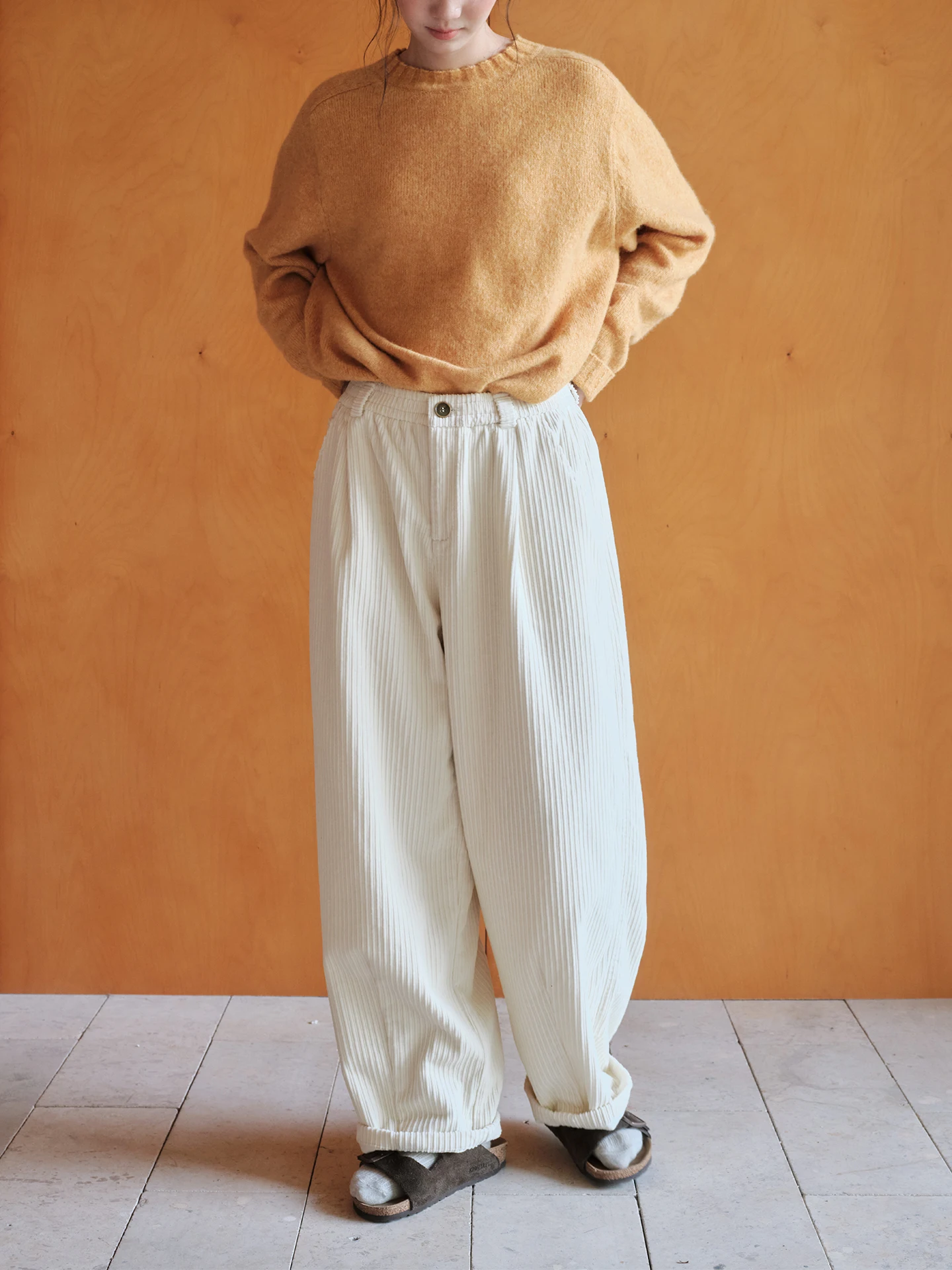 

White Cotton 00% Thi Corduroy Balloon Pants Women's Casual Winter Leisure Pants l Waist Button Closure Warmth Function