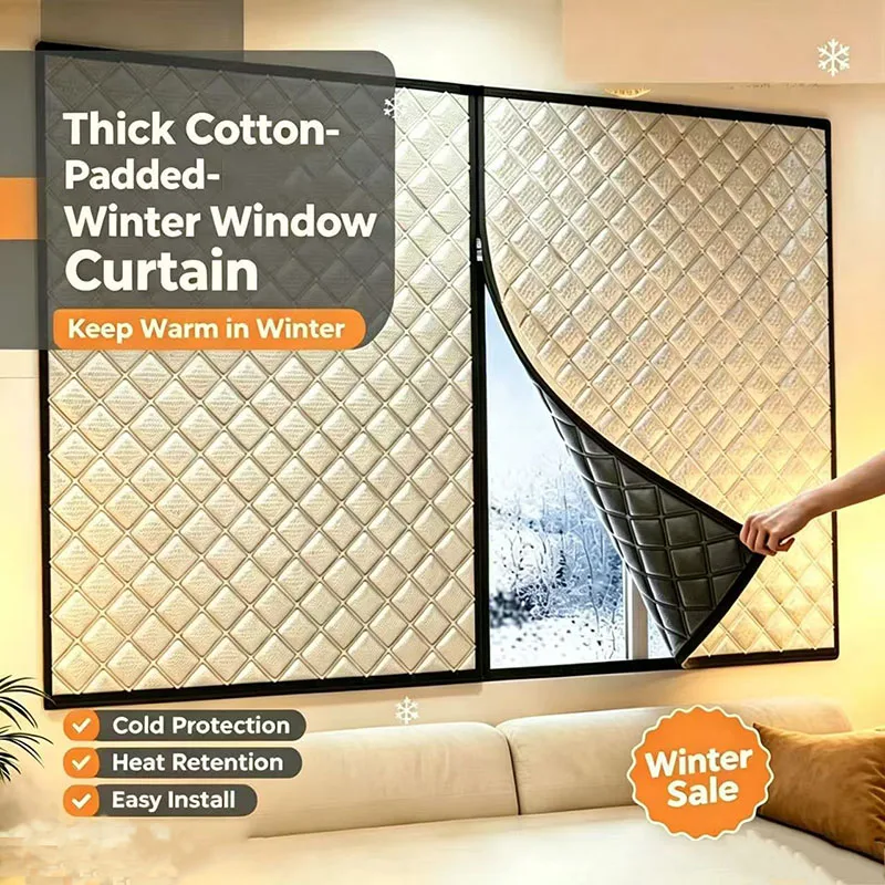 Winter Magnetic Thermal Curtain, Cotton‑Padded Warm Window Curtain, Windproof Cold‑Resistant for Bedroom Living Room Home Use