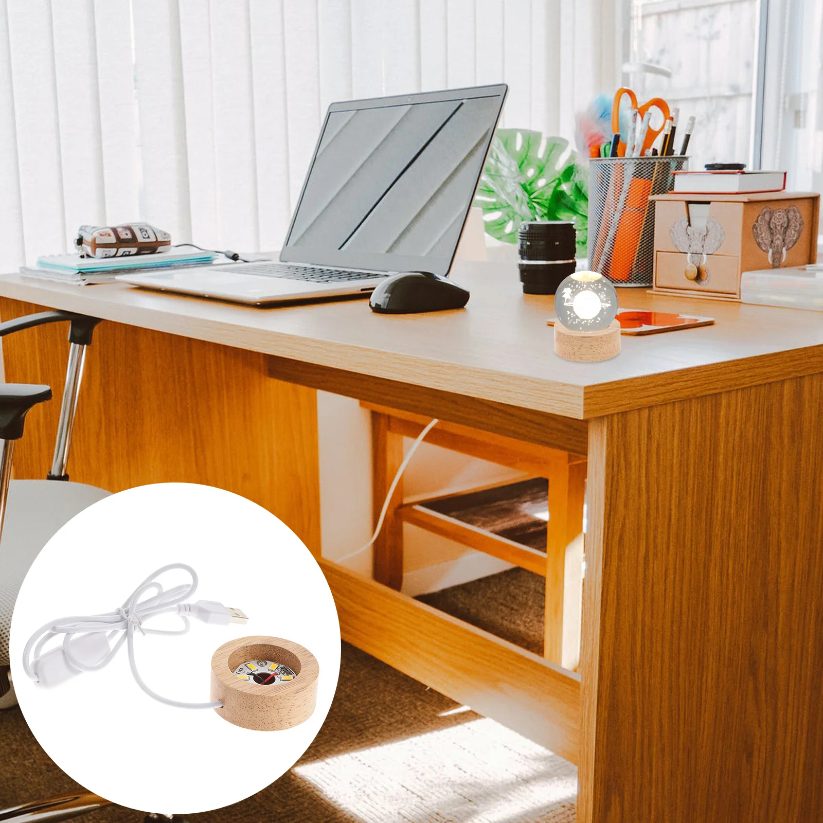 Snowball Lamp Holder LED Light Base USB Charging Display Stand for Crystal Lighted Glass Wooden