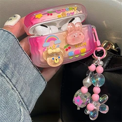 Korean Cute 3D Rabbit Bear Wavy Border Headphones Case For AirPods 1 2 3 With Flower Beads Pendant Soft Cover For AirPods Pro 2