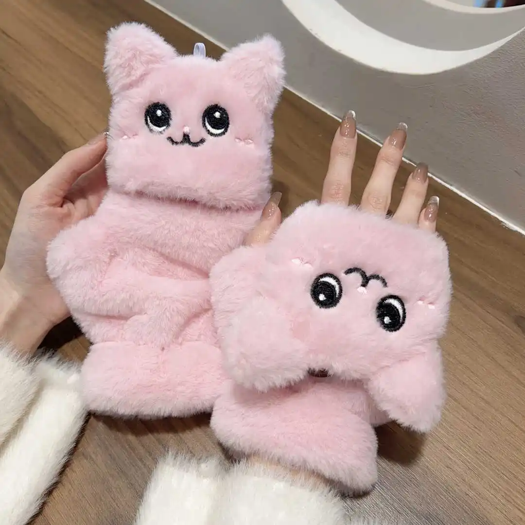 

Женские плюшевые теплые перчатки с мехом, милые варежки с кроликом и котом, откидные перчатки без пальцев, мягкие толстые перчатки для девочек, гибкие зимние перчатки с половиной пальца