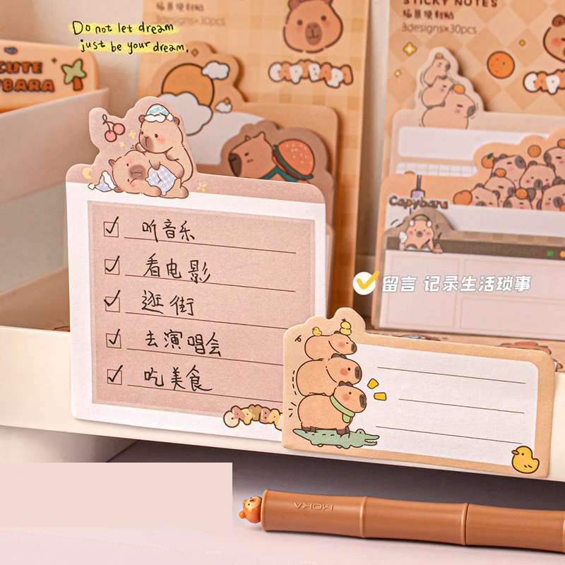 30/90 Sheets Cute Capybara Sticky Notes Kawaii Notepad Index Office Accessories Memo Pad Aesthetic Stationery School Items