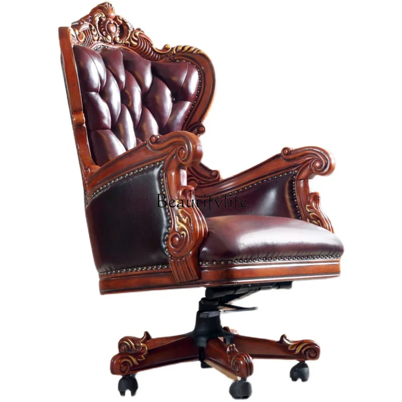 01American all-solid wood imported first-layer cowhide class chair study home European retro office computer chair