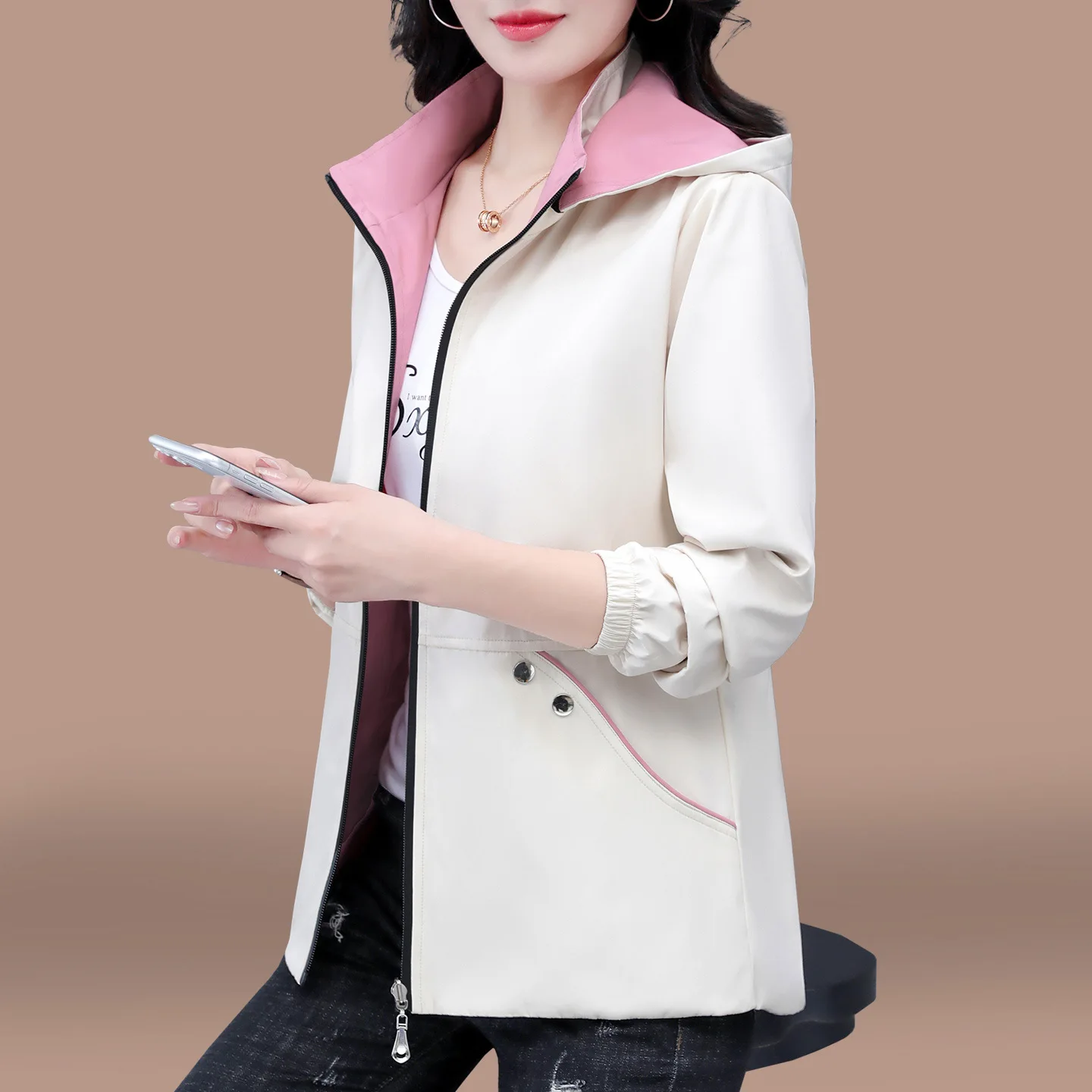 Women Double-sided Trench Coat 2025 Spring Autumn Coat Fashion Loose Hooded Casual Versatile Top Female Windbreakers Outerwear