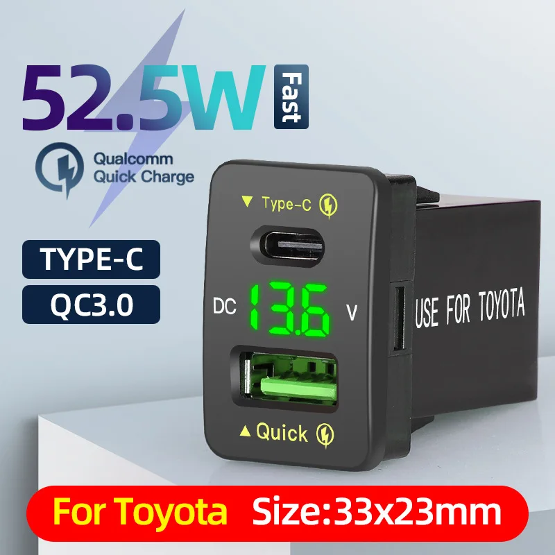 

QC3.0 52W type-C PD Port 12V/24V Car Charger Accessories Power Socket Adapter For Toyota Mobile Phones Fast Charging Voltmeter