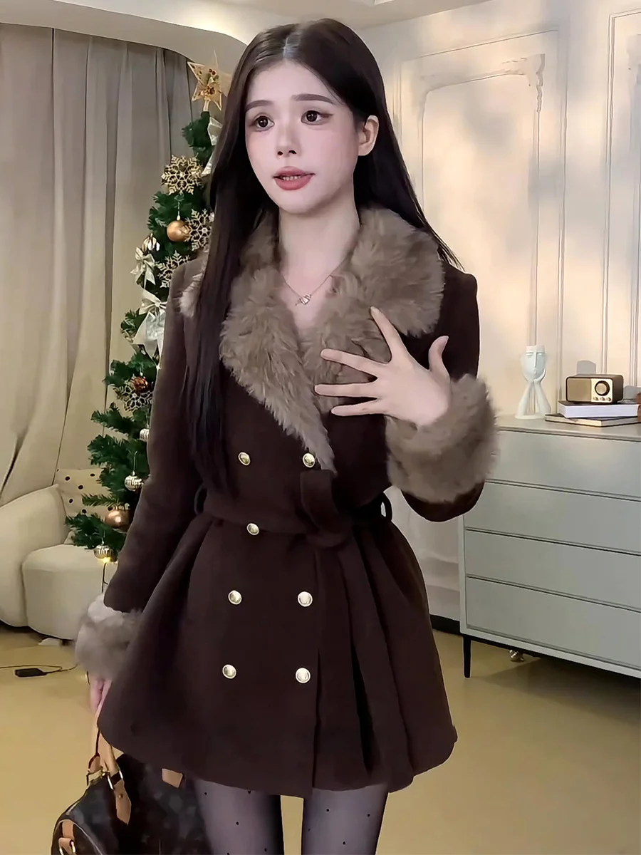 여성용 엘레 중간 길이 울 코트, 턴다운 칼라, 더블 브레스트 슬림 디자인, 한국 스타일 겨울 아우터