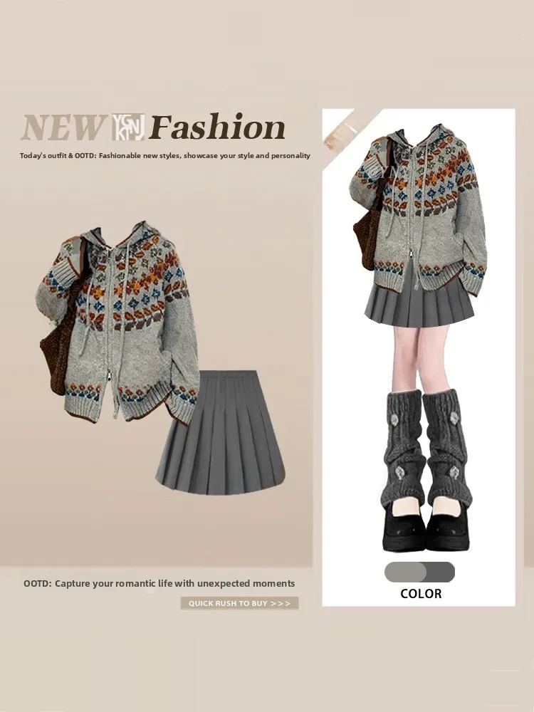 New Year Fair Isle Knitted Hooded Double Zipper Cardigan Skirt Set Women's Winter Anti-Aging Two-Piece Suit Floral Embroidery