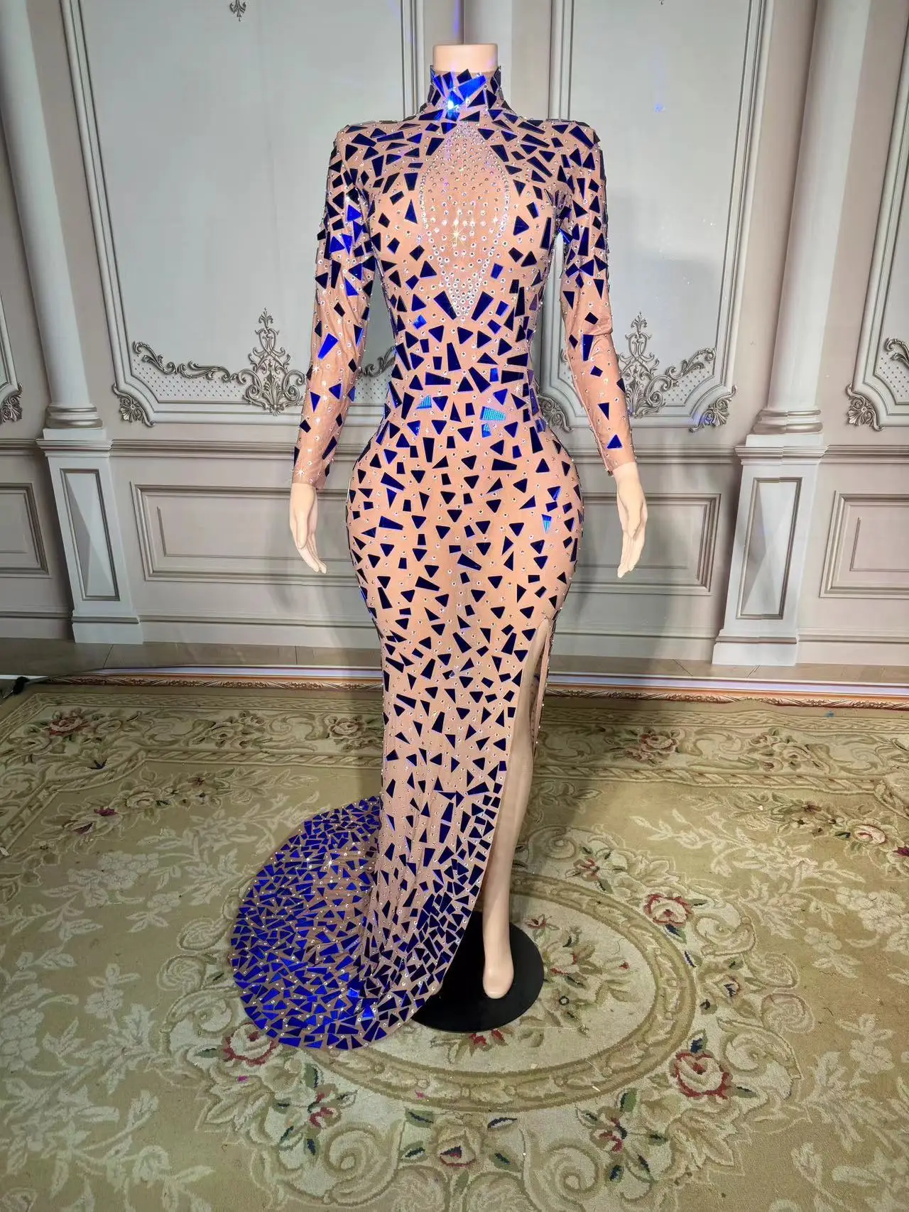 Sexy Stage Evening Celebrate luxurious Blue Mirror Transparent Long Train Dress Rhinestones Performance Outfit Photoshoot Dress