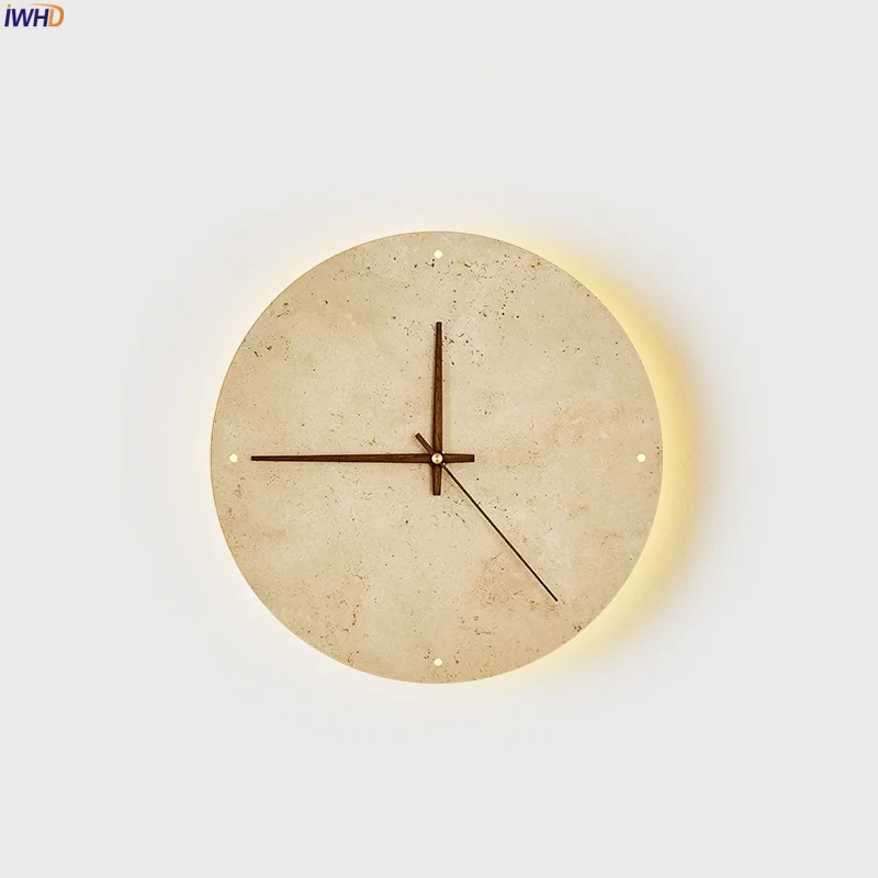 

IWHD Creative Clock LED Wall Lights For Home Decor Living Room Vintage Wabi Sabi Yellow Travertine Bedroom Lamps Applique Murale