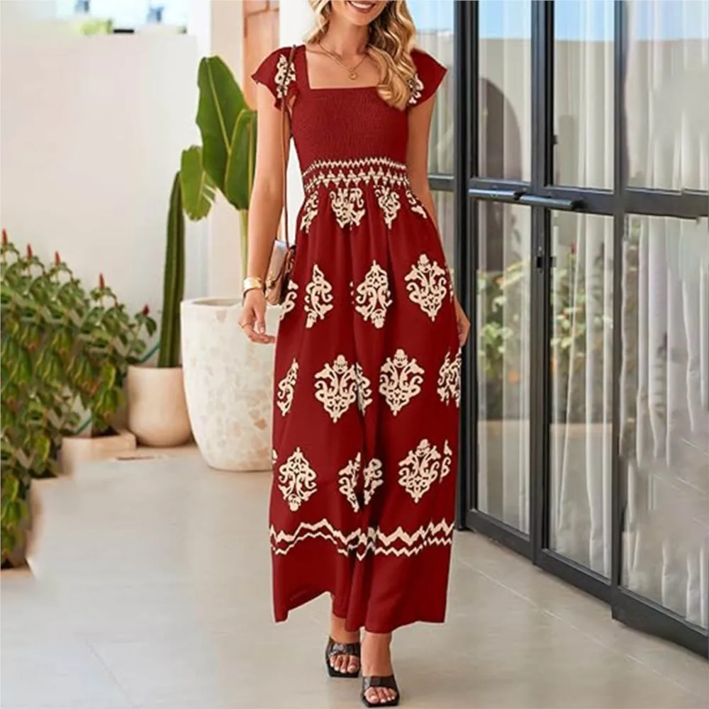 Macacão boêmio feminino verão retro impresso capa mangas moda bolsos de cintura alta macacão de perna larga feminino 2025