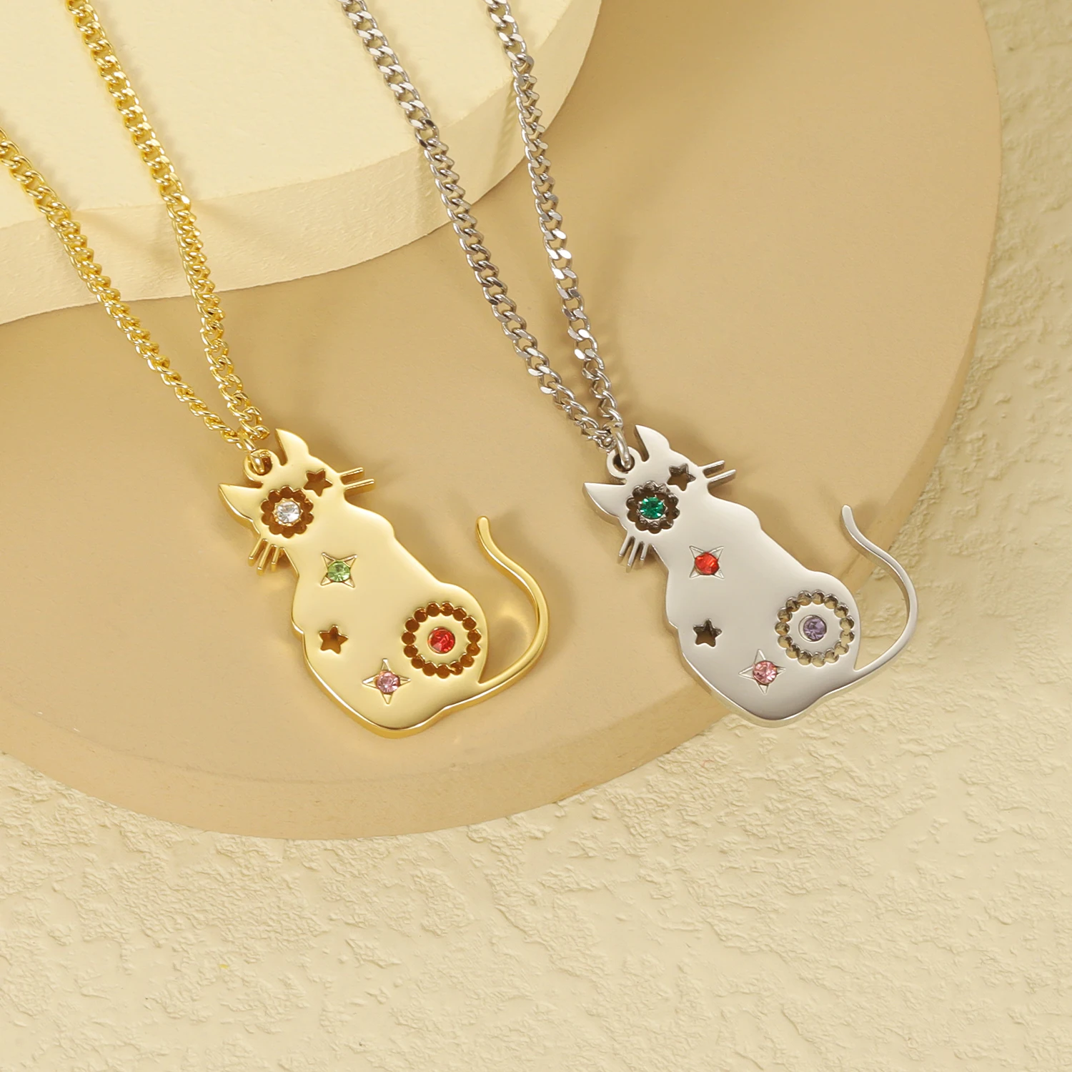 Kitten Back Customized Birthstone Necklace Personalized Stainless Steel Pendant Czech Diamond Jewelry Birthday Gift For Women