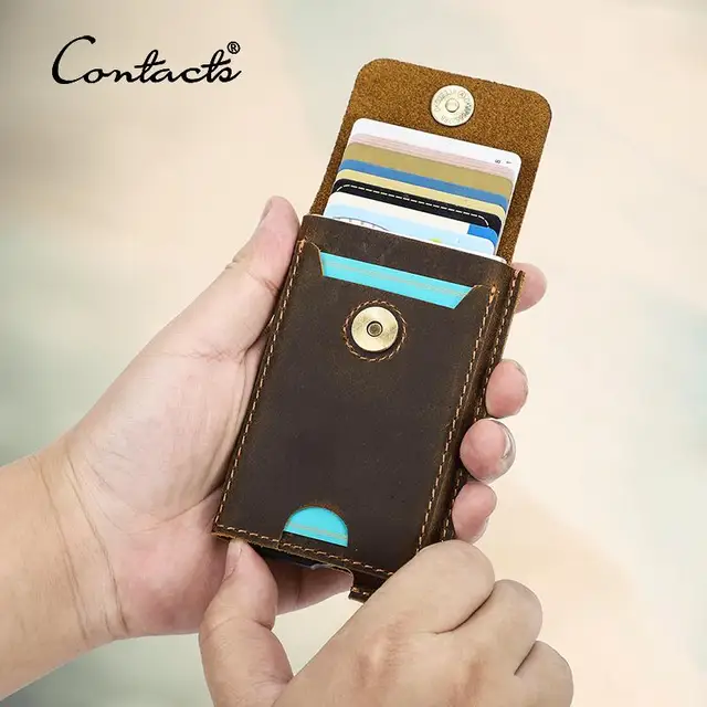 CONTACT'S Męski portfel na karty kredytowe RFID Prawdziwe skórzane etui na karty Hasp Man Casual Designer Mini Cards Aluminiowa torebka na karty