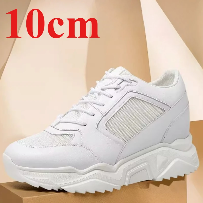 Invisible Elevated Shoes for Men's 10cm Leather Breathable Mesh White Height Increasing Shoes Thick Platform Sports Casual Shoes