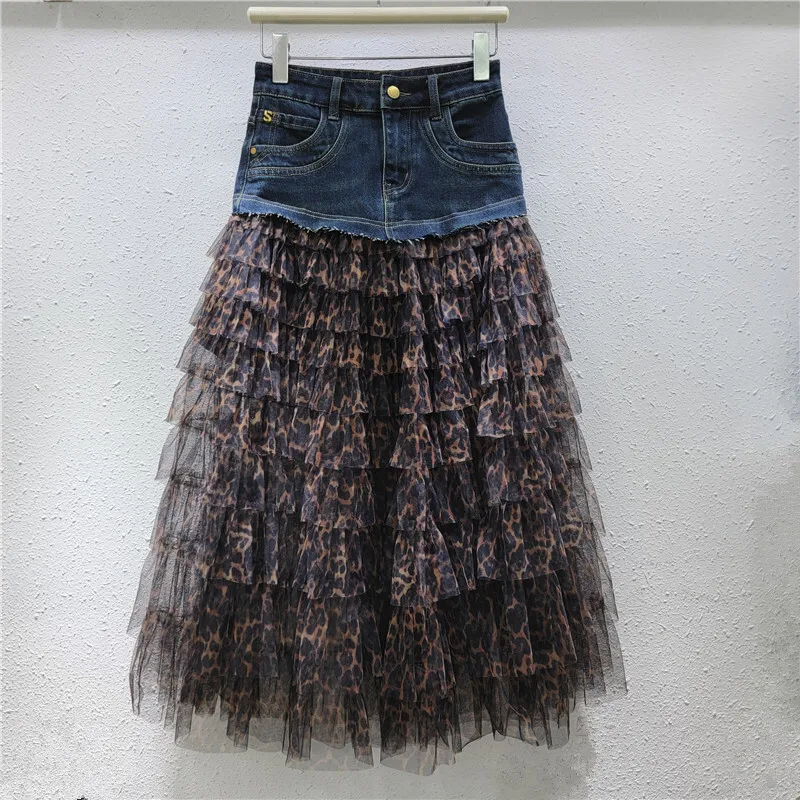 [zoci] New Stretch Denim Patchwork Leopard Print Mesh Mid Length Large Swing Fluffy Skirt