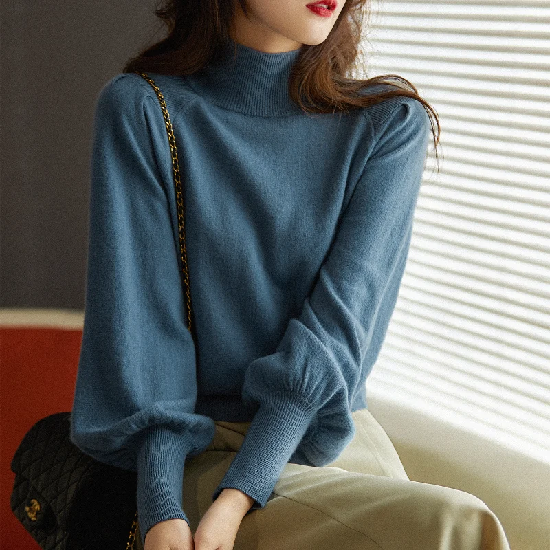 Women Autumn Winter New Style Half Turtleneck Sweater Solid Color Simple Casual Horn Sleeve Loose Figure Flattering Knitted Top