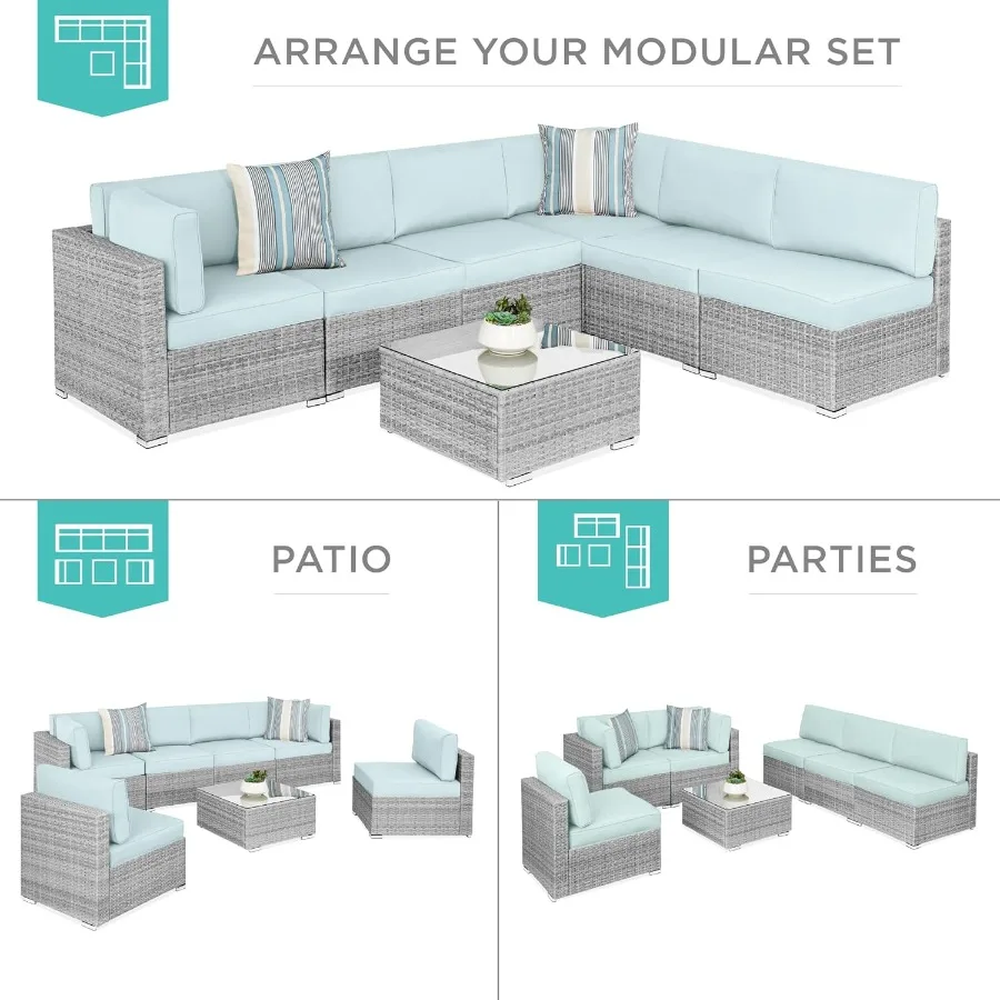 7Piece Modular Outdoor Sectional Wicker Patio Conversation Set with 2 Pillows and Coffee Table Includes Protective Cover for Ga