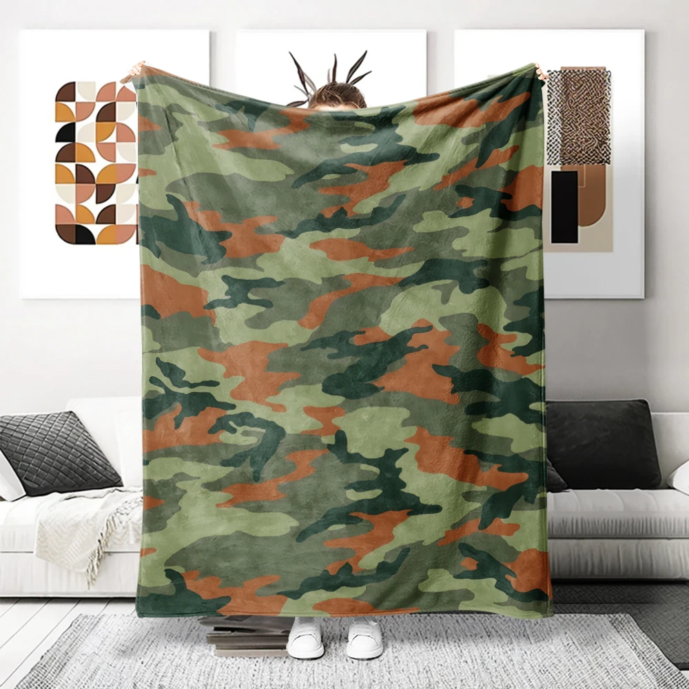 Orange Green Camouflage Flannel Blanket Perfect For Sofa Office Bed Travel Sleep Read Relax Camping Four Season Use