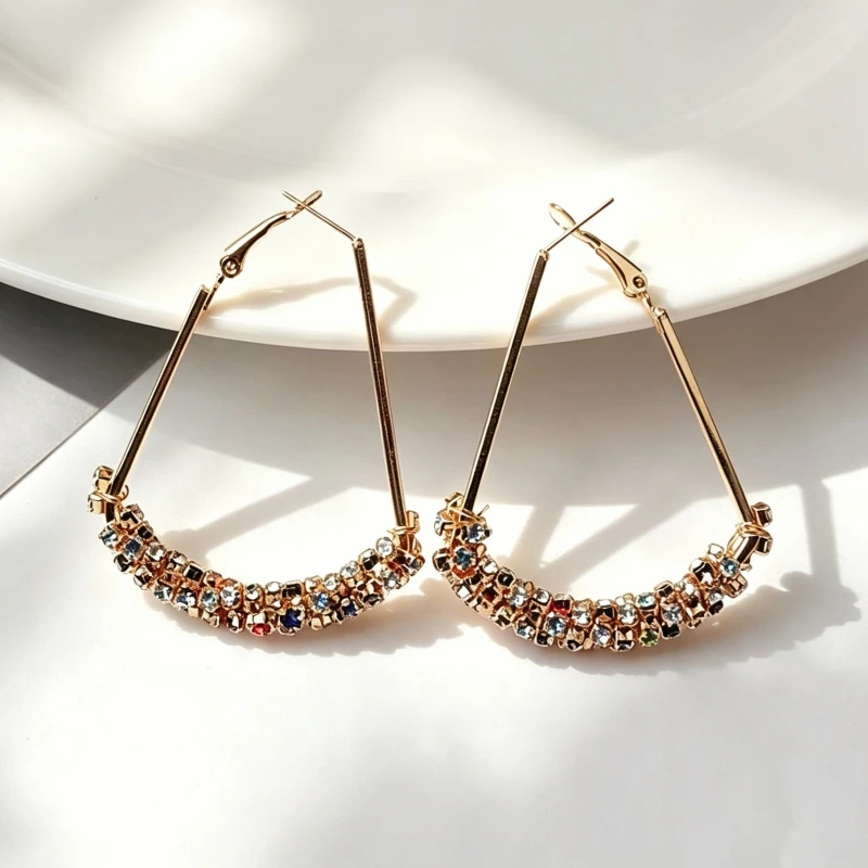 Champagne Color Crystal Women's Triangle Dangle Earrings Colorful Rhinestone Hollow Geometric Statement Hanging Earrings 2026