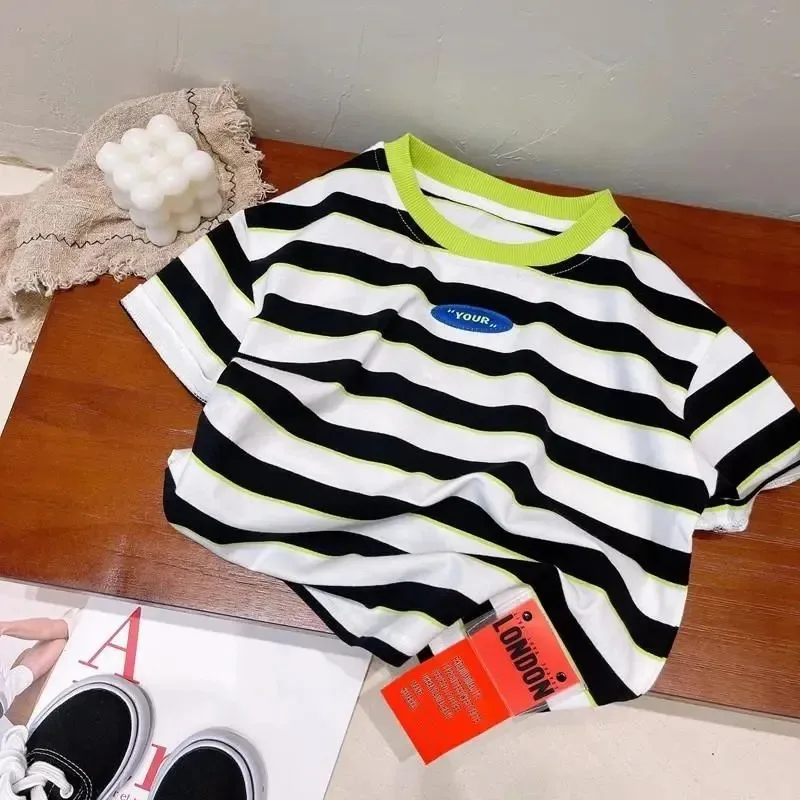 Camiseta a rayas de verano para bebés, Tops informales de manga corta, Tops finos de algodón con cuello redondo, camisetas de contraste para niños