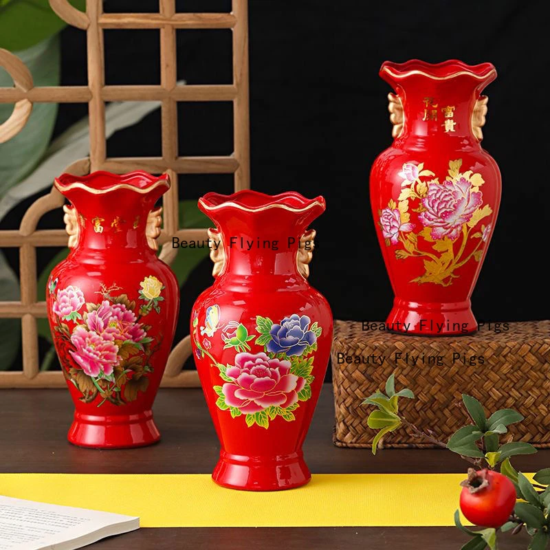 2pcs 6 Inches Jingdezhen Ceramic Vase Chinese Red Wedding and Housewarming High-end Living Room Decoration Ornaments
