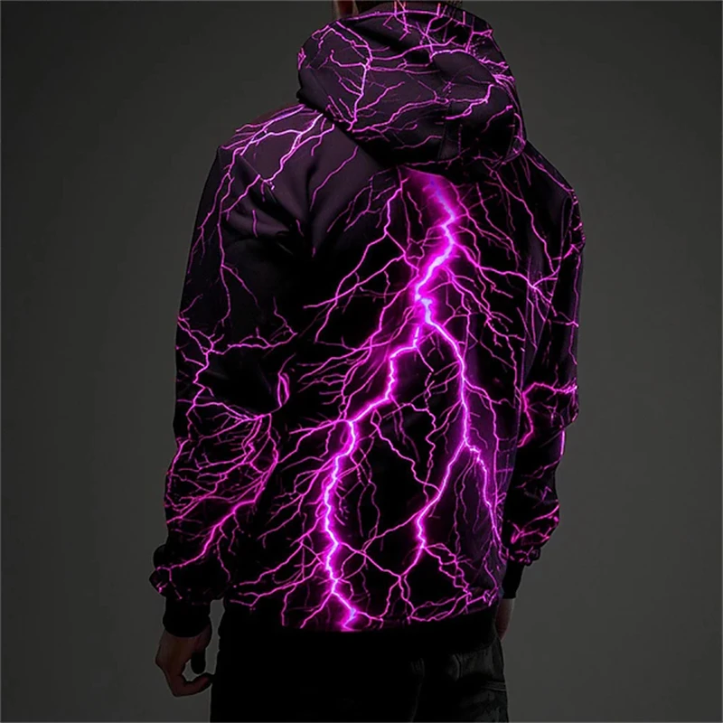 

2025 Retro Men's Sweatshirt 3D Lightning Pattern Printed Casual Hooded Pullover Spring and Autumn Street Style Harajuku Jacket f