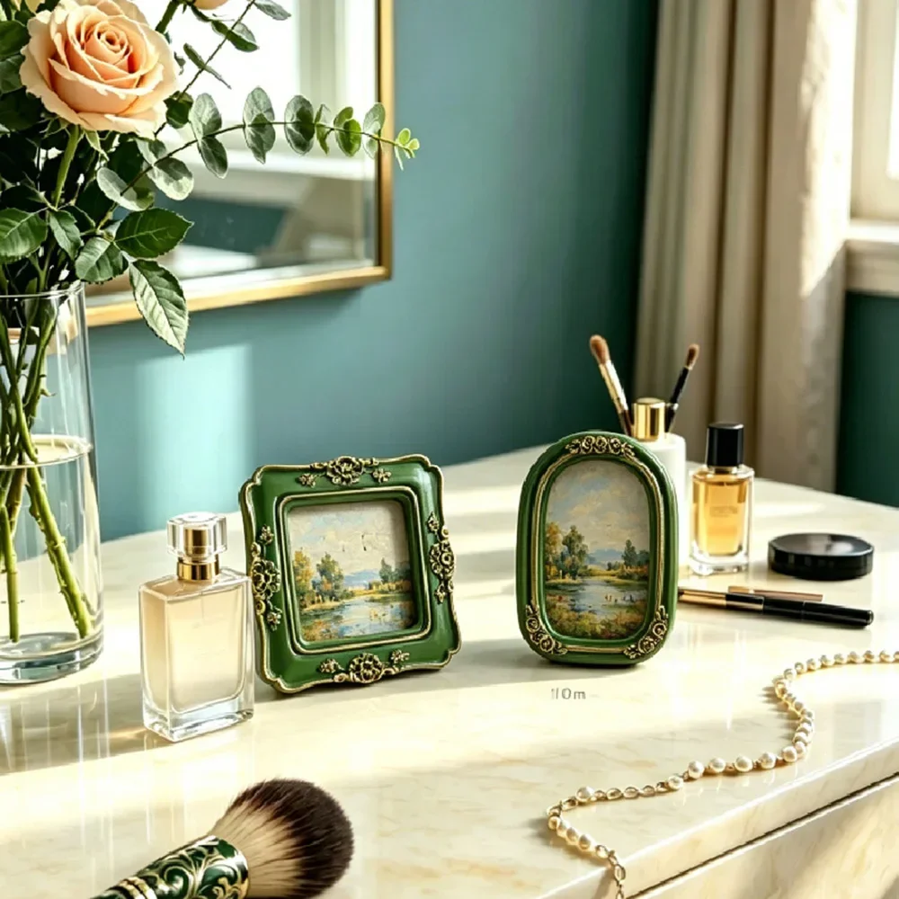 Vintage Exquisite Green Baroque Resin Mini Photo Frames Set of 8 Desktop and Wall Decoration Picture Holders
