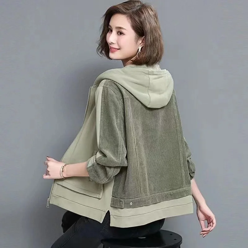 

Spring Autumn New Hooded Jacket Women's Loose Coat 2024 Fashion Korean Casual Cardigan Top Female Patchwork Short Outwear