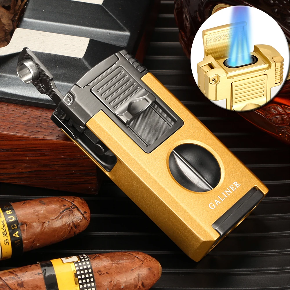 

GALINER Metal Cigar Lighter Gas Butane Torch Lighters With V Cutter or Guillotine Cigar Needles Punch
