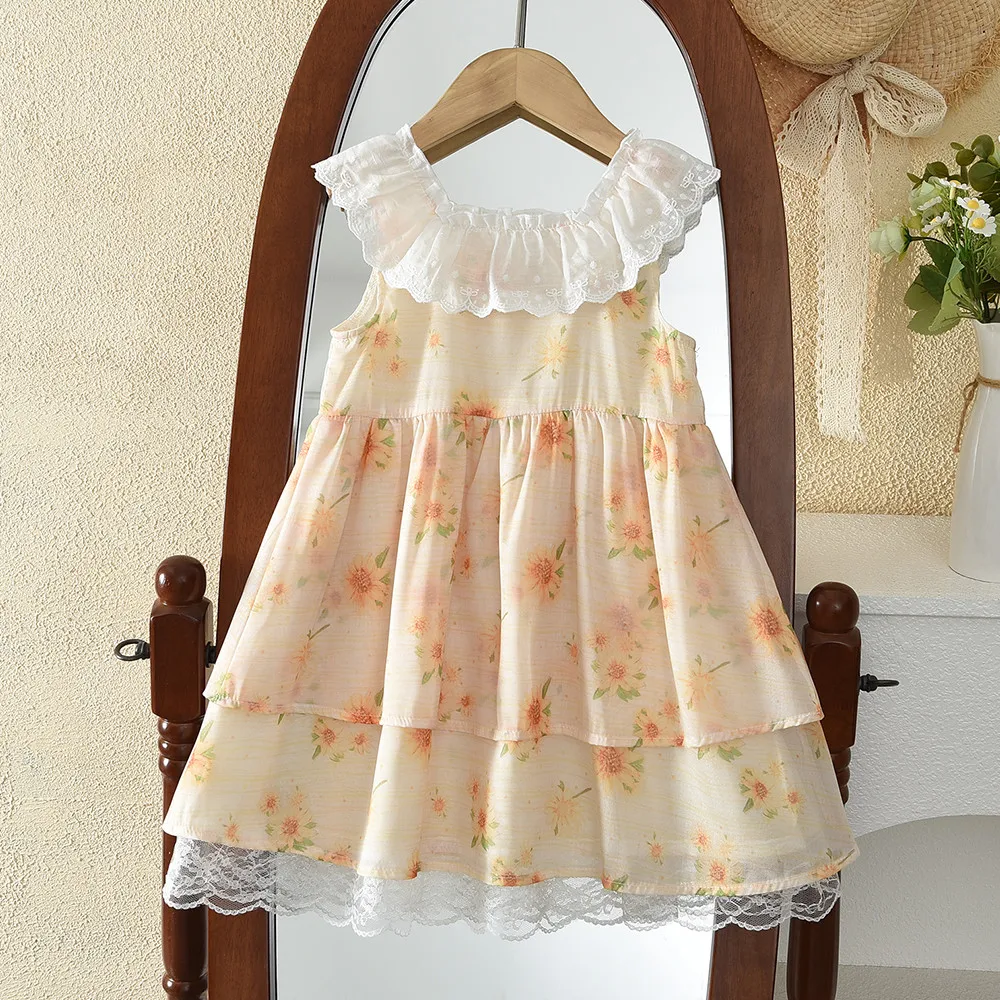 Orange Floral Princess Dress with Summer Lace Patchwork Round Neck Sleeveless Girls' Dresses Sweet Children's Clothing