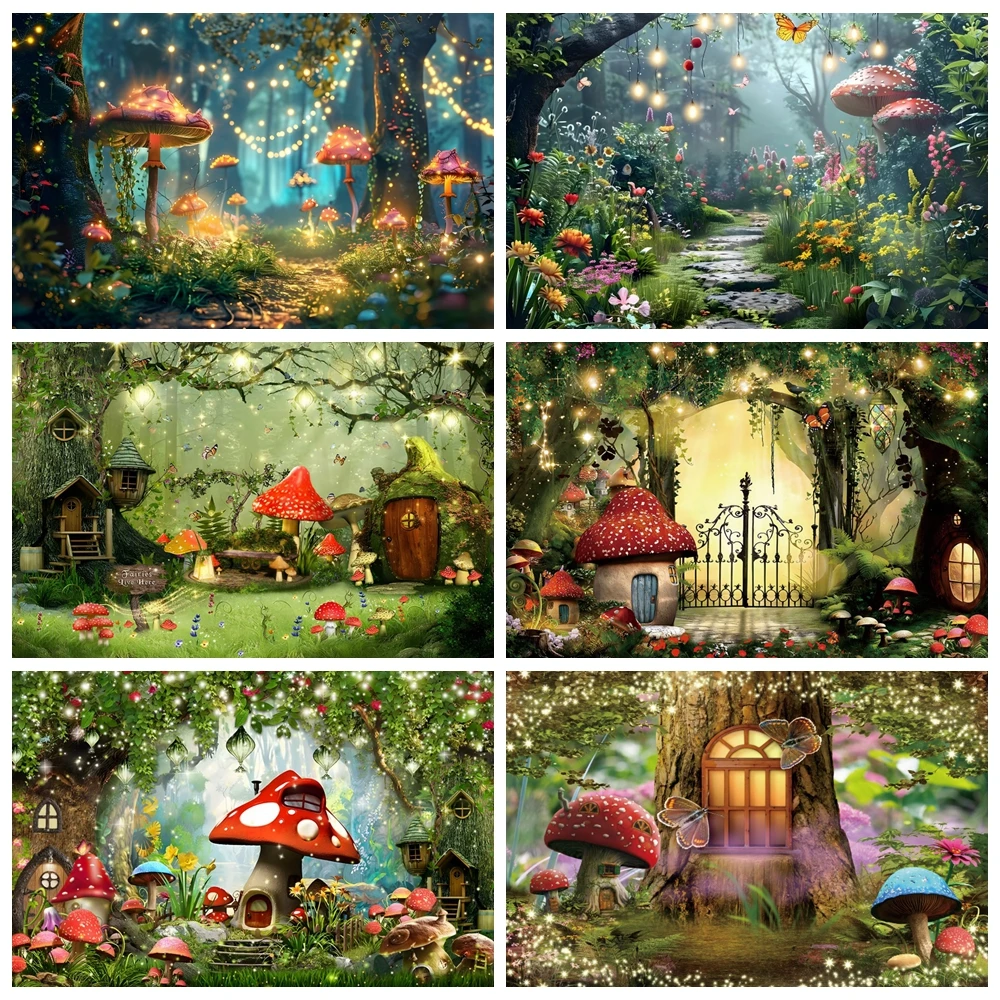 

Dreamy Jungle Forest Photography Backdrop Fairy Tale Wonderland Butterfly Mushroom Baby Birthday Party Background Photo Studio