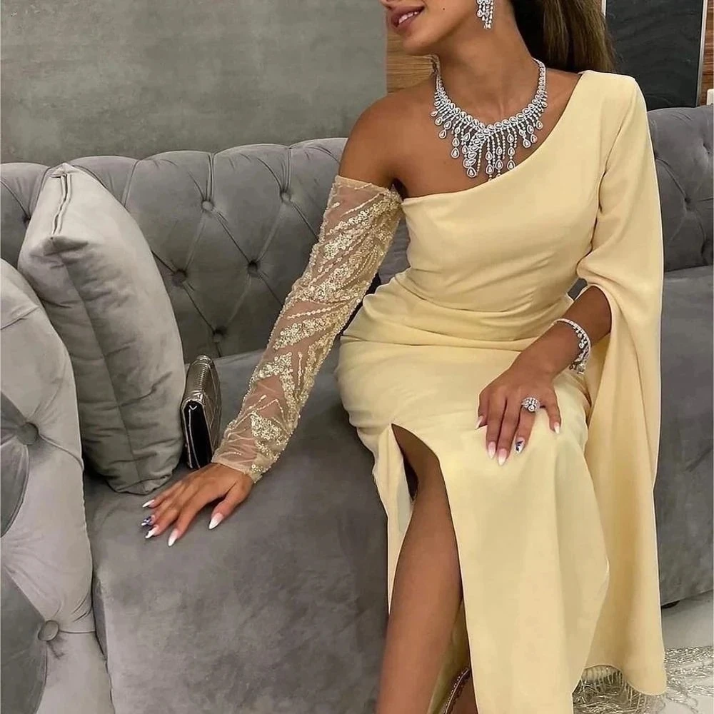 Aenyrst Luxury Yellow Prom Dresses Long Sleeves Tassels Evening Dress Side Slit Formal Gown 2024 Saudi Arabia فستان حفلات الزفاف