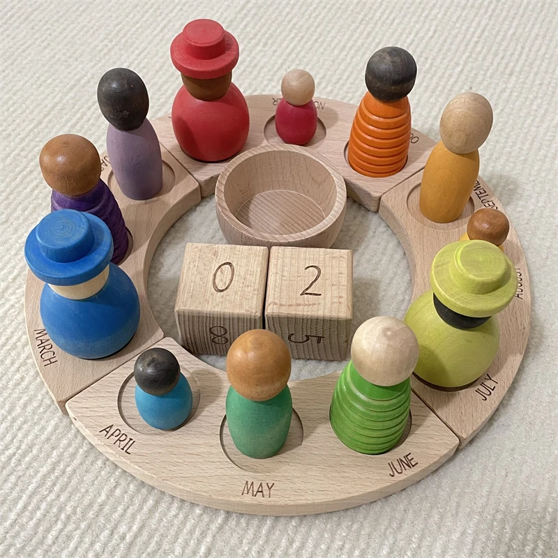 Wooden Perpetual Calendar Peg Dolls Figures Kids Learning Time Toys Open Ended Play Game Year Advent Calendar for Children