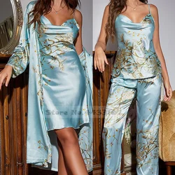 Women 4PCS Pajamas Kimono Bathrobe Nightgown Print Cherry Flower Trouser Suit Sleepwear Loose Satin Home Wear Pyjama Pour Femme