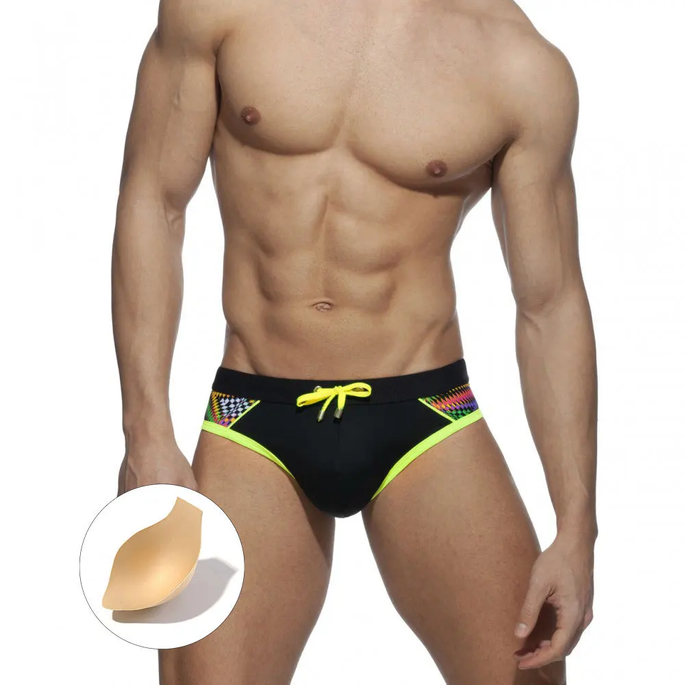 

UXH Men's Swimming Trunks Ethnic Colorful Splicing Brief with Cup Sexy Swimsuit Hot Spring Beach Shorts Male Surf Swimwear