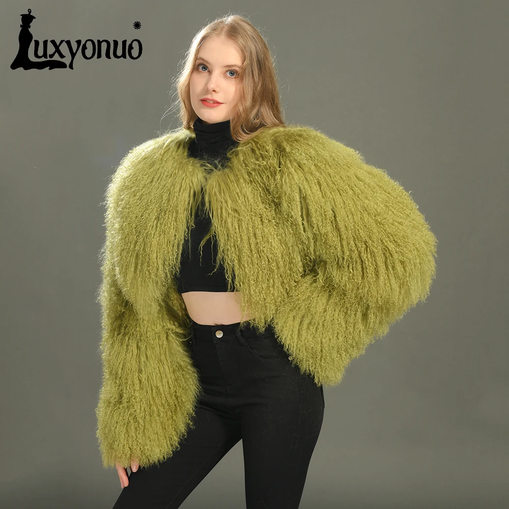 Luxyonuo réel manteau de fourrure de mouton mongole femmes dames mode Style court couleur unie moelleux fourrure veste hiver manteaux chauds femme