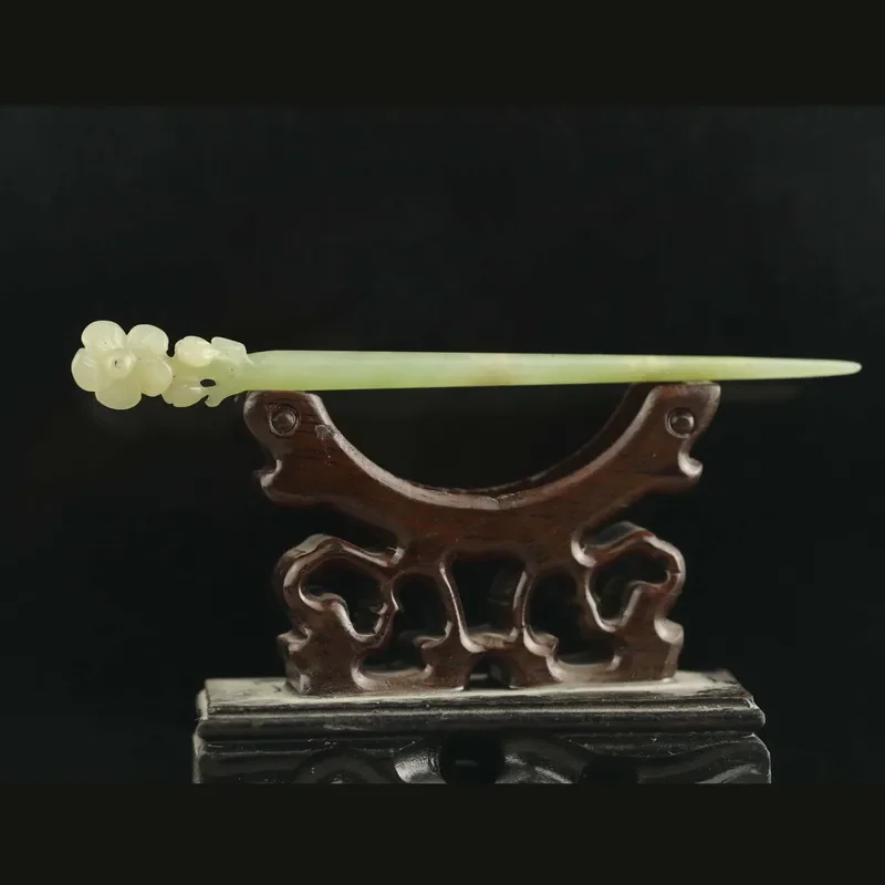 

China old natural hetian jade hand carved statue of flower hairpin #4