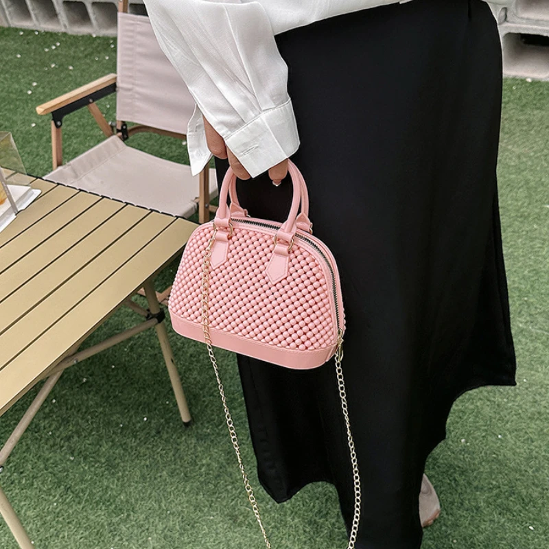 Creative Jelly Color PVC Bags for Women Shell Handbags Fashion Chain Crossbody Shoulder Bags Small Ball Pattern Top Handle Bag