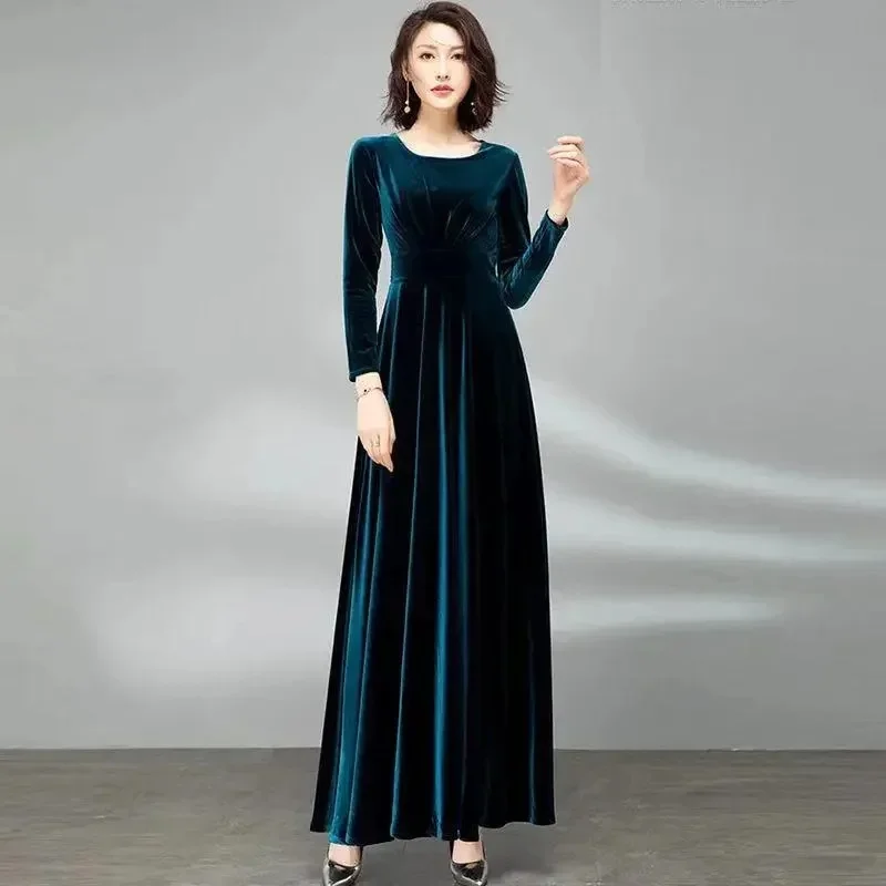 

Noble Women's Clothing Lady's 2024 Autumn Gold Velvet Long-Sleeved Dress Waist Temperament Large Swing Long Dresses Women L697